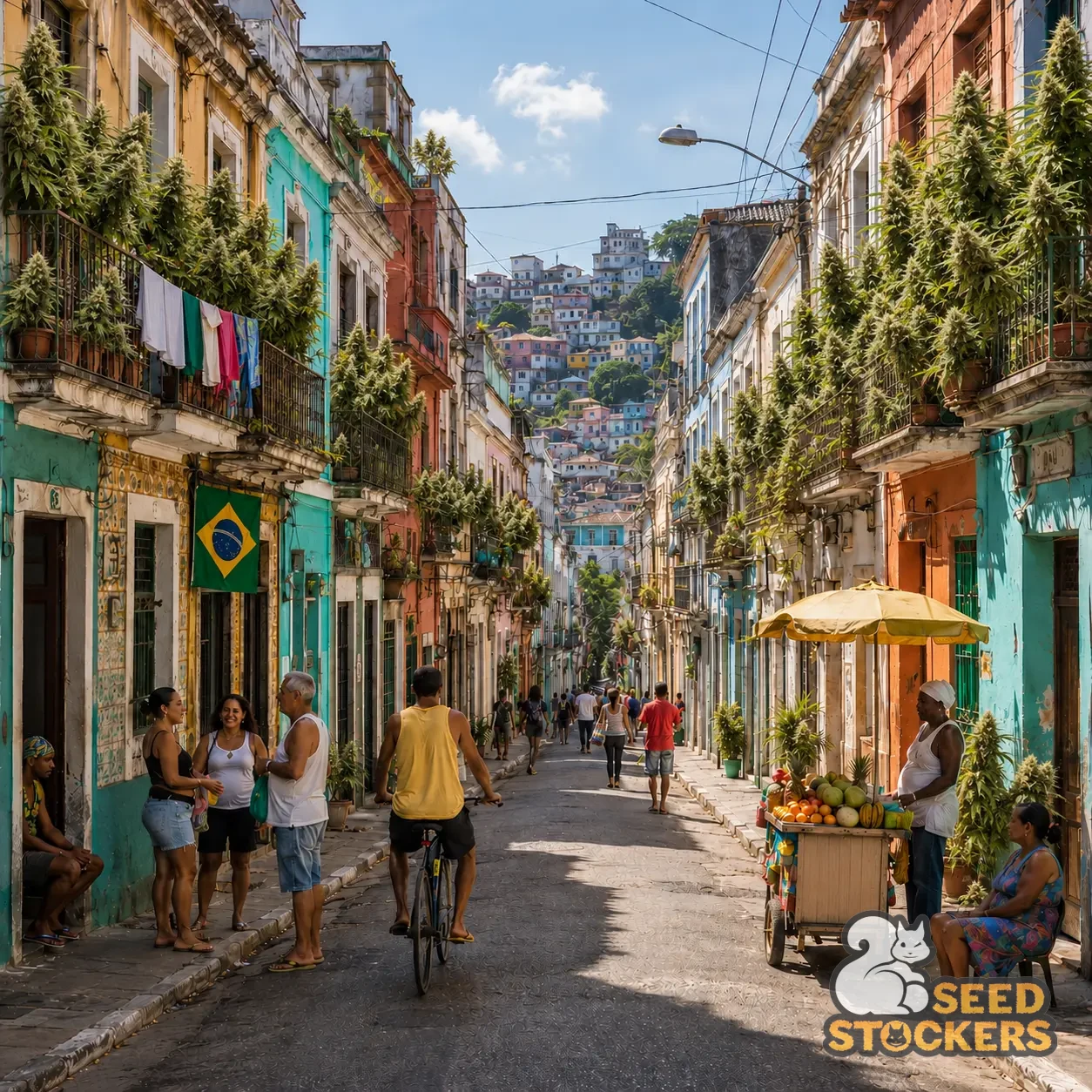 Rua colorida no Brasil com bandeira brasileira, morro ao fundo e plantas de cannabis nos balcões, representando a operação local da Seedstockers Brasil